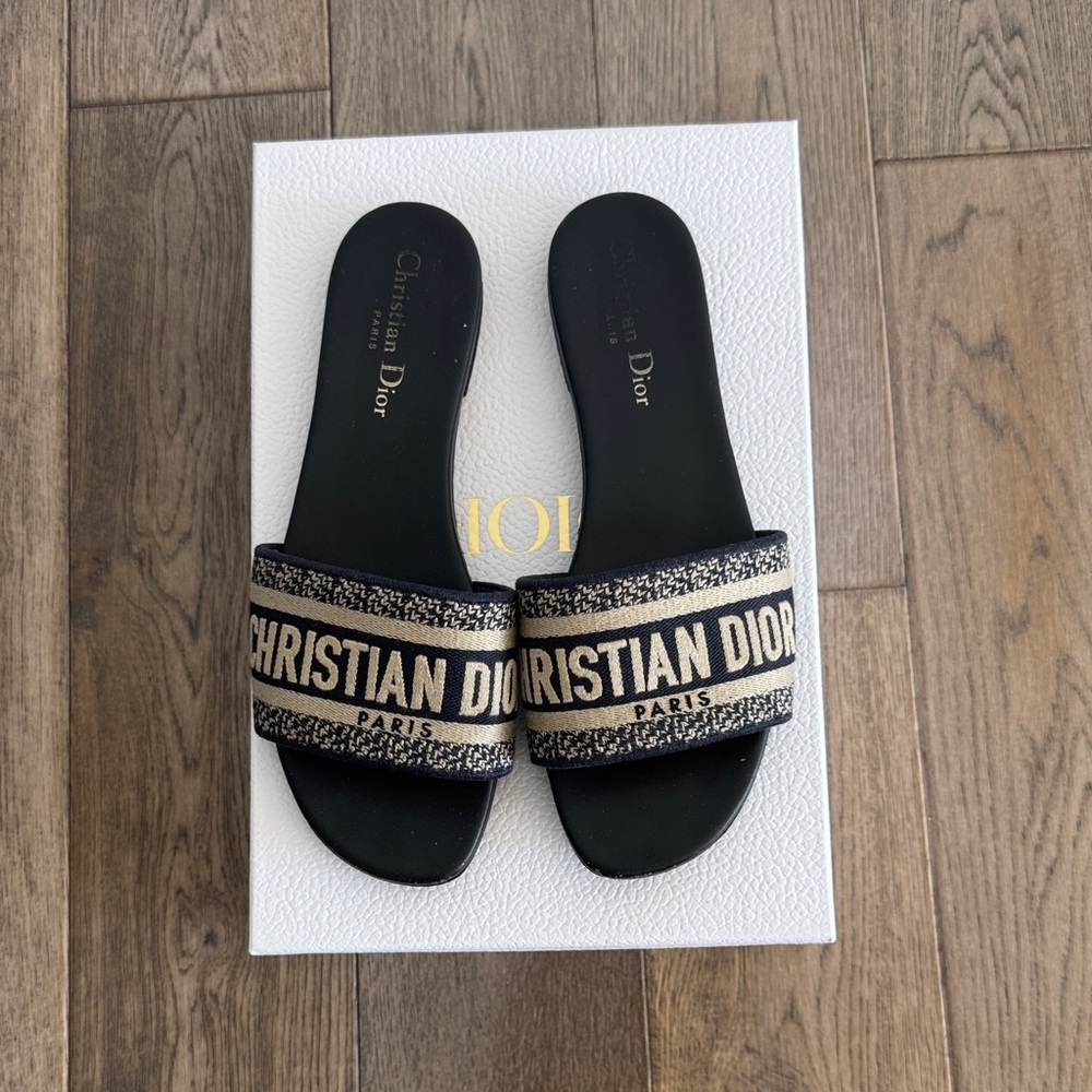 Christian Dior Dway Slide Deep Blue Embroidered Cotton